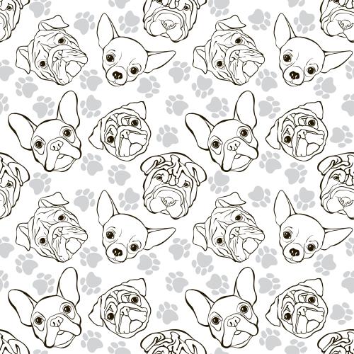Animals. Vector cute dog faces and paw prints on white