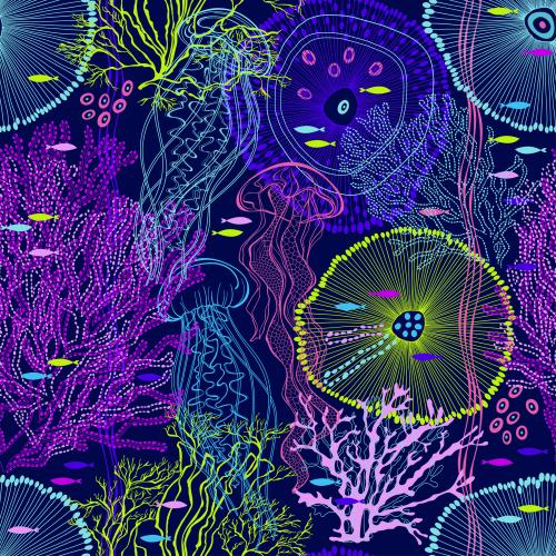 Jellyfish. Vector jellyfish, abstract sea creatures, fish, corals, algae on dark blue