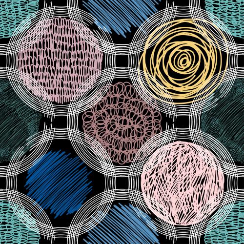 Illustration abstract with multicolored and white doodle circles on black
