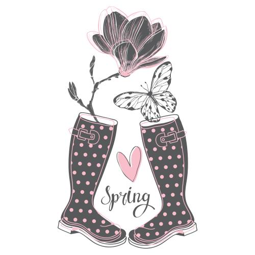 Vector image spring composition with rubber boots magnolia flower and butterfly on white background