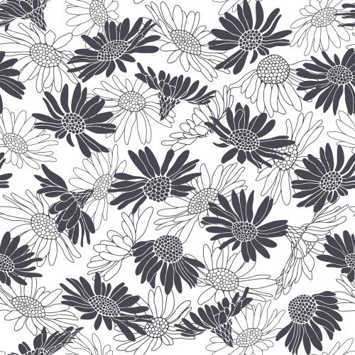 Chamomile. Vector Pattern daisies contours and silhouettes on white