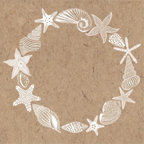 Illustration round frame of sea stars and shells on craft