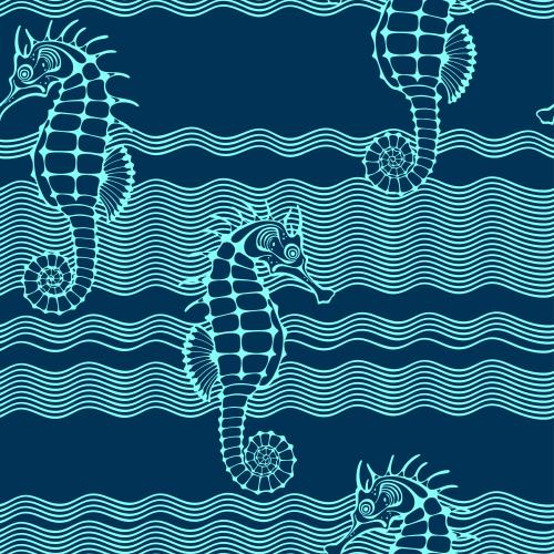 Illustration seahorses waves on blue