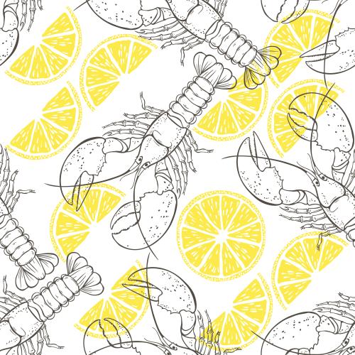Vector image lobsters contours yellow silhouettes of lemon slices on white