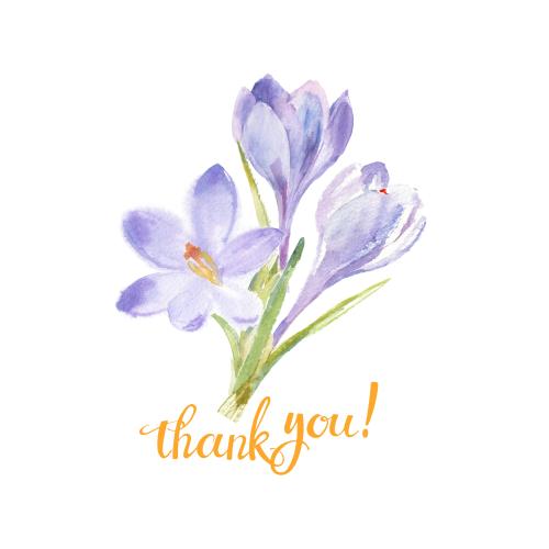 Raster image watercolor bouquet of crocuses and thank you inscription on white