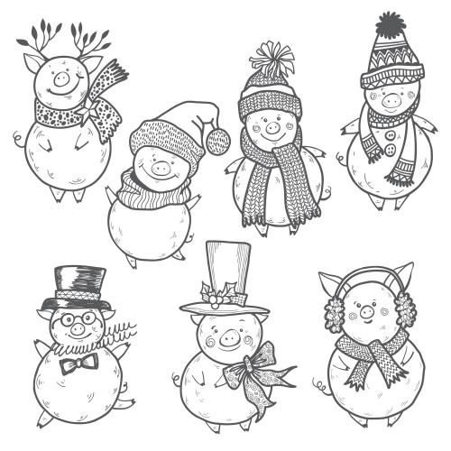 Pig. Vector cartoon pigs in hats and scarves seven characters on white