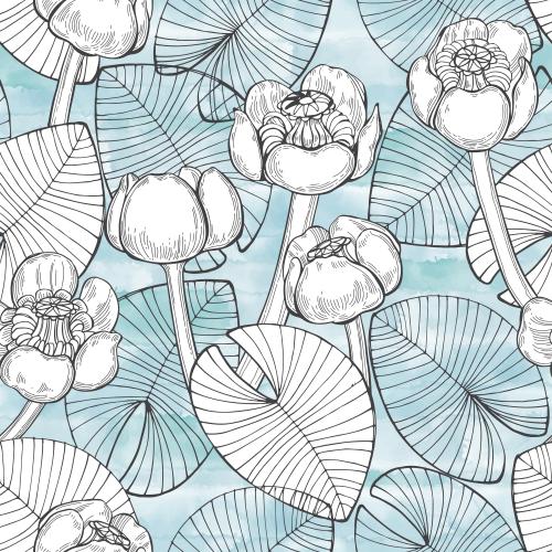 Vector image water lilies, flowers and leaves on a blue watercolor