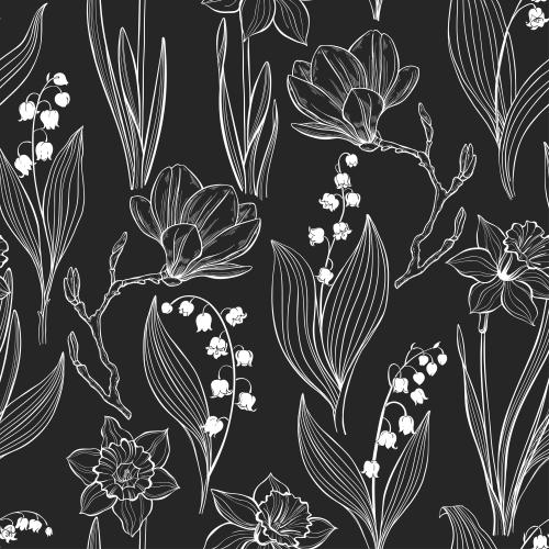 Daffodil. Vector Pattern magnolias, narcissus, lilies on black