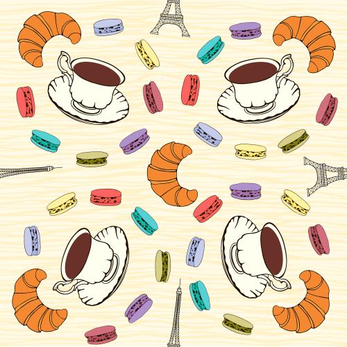 Eiffel tower. Vector cups with coffee, croissants, colorful macarons and the eiffel tower
