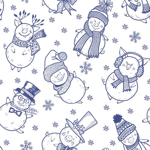 Pig. Vector cartoon pigs in hats and scarves and snowflakes on white