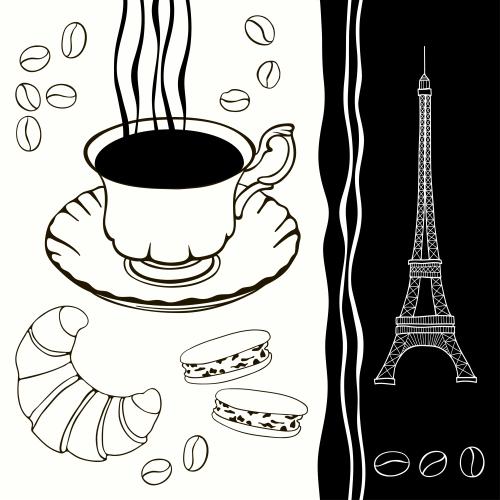 Eiffel tower. Vector coffee with french desserts and the eiffel tower