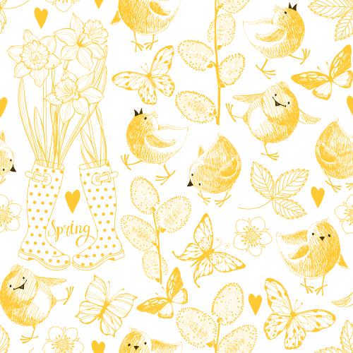 Vector image cute chicks, butterflies, willow branches, blossoms, boots with narcissus on white