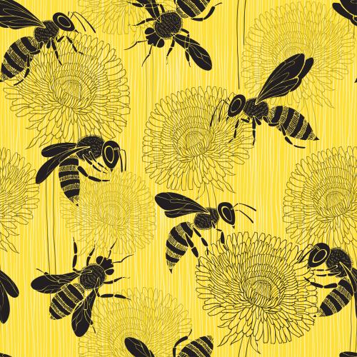 Floral. Vector bees and dandelions on yellow striped