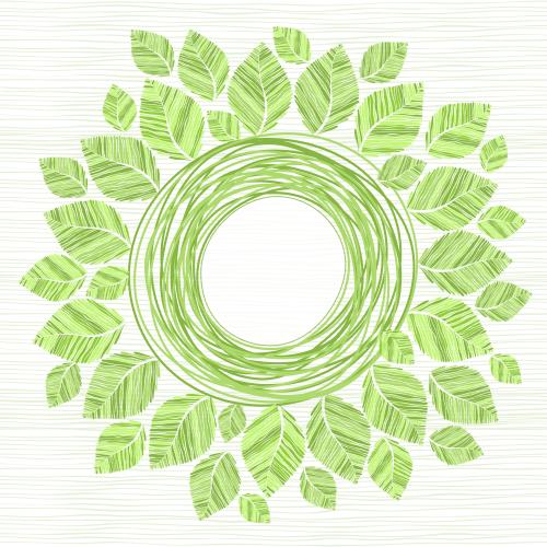 Vector image round frame with lines and leaves in green tones on striped
