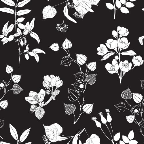 Bud. Vector white silhouettes of flowers and plants on black
