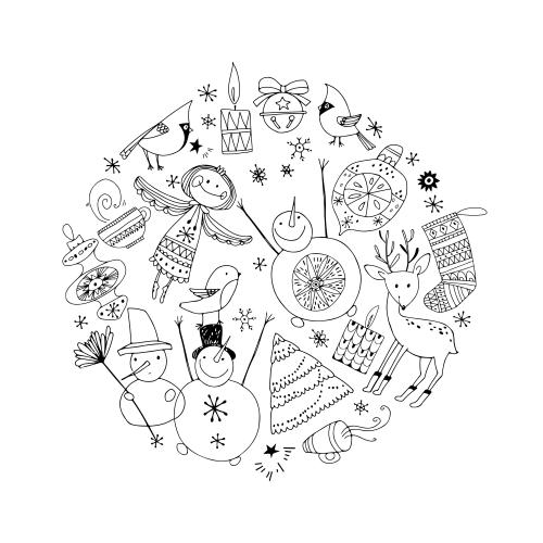 Snowflake. Vector angel snowmen deer toys candles and other winter holiday symbols in a circle on white