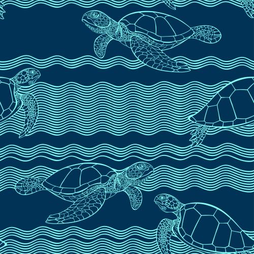 Turtle. Vector turtles and waves on blue