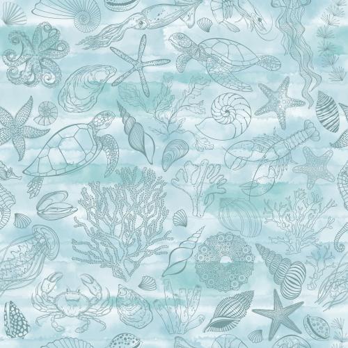 Turtle. Vector marine animals corals algae sea stars shells on a blue watercolor