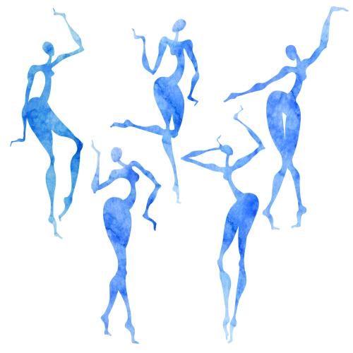 Woman. Vector dancing women blue watercolor silhouettes on white