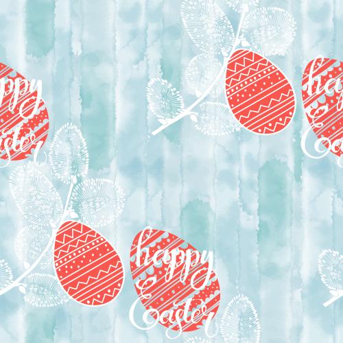 Vector image willow branches red easter eggs and happy easter inscriptions on blue watercolor