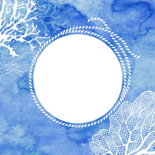 Female. Vector round frame made of marine rope with a white space for text seaweed and corals on blue watercolor