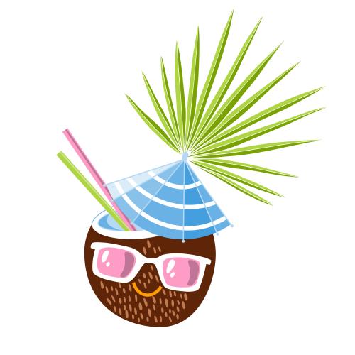 Cocktail. Vector cartoonish coconut cocktail in sunglasses and palm leaf on white