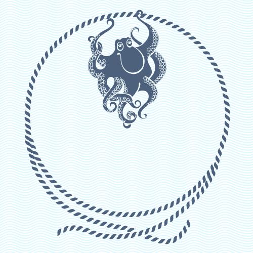 Sea rope. Vector round frame made of marine rope with a cartoon octopus on blue waves