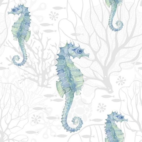 Illustration watercolor sea horses algae corals and fish on white