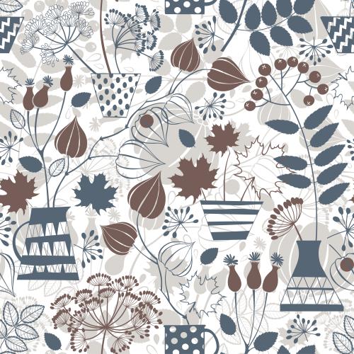 Dill. Vector decorative autumn bouquets in vases and jugs in blue and brown colors on white
