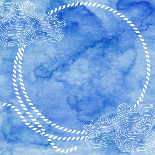 Illustration round frame - rope, waves on blue watercolor