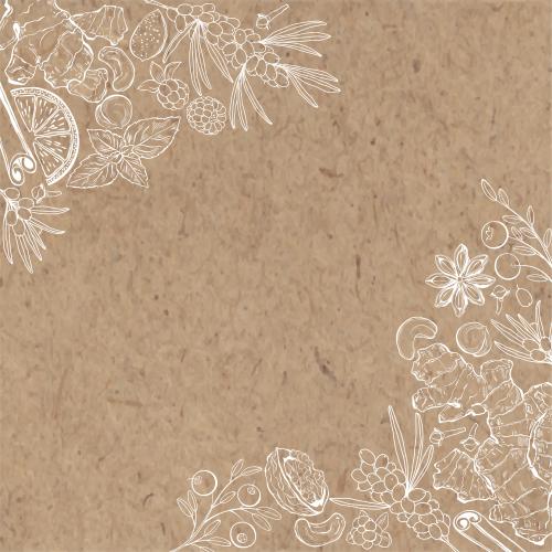 Mint. Vector vitamin fruits berries nuts lemon orange ginger cinnamon cranberry cloudberries raspberry sea buckthorn almond walnut pistachio cashew space for text on craft paper corner composition