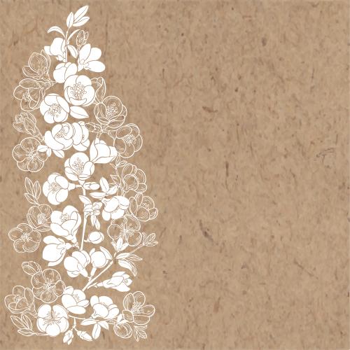 Vector image japanese quince, branches with flowers, white silhouettes, contours and space for text on craft