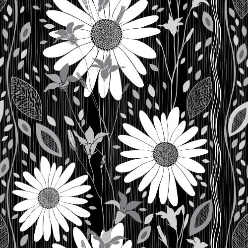 Chamomile. Vector daisies, bells, leaves, wavy and straight vertical lines on black