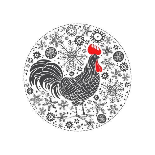 Rooster. Vector rooster, snowflakes in a circle on white