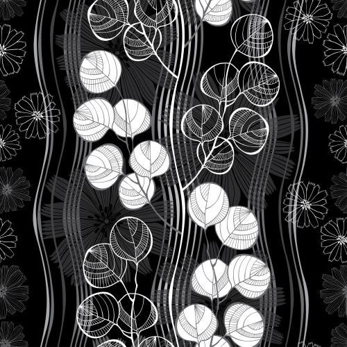 Stripe. Vector eucalyptus branches, decorative silhouettes and outlines of flowers, vertical wavy lines on black