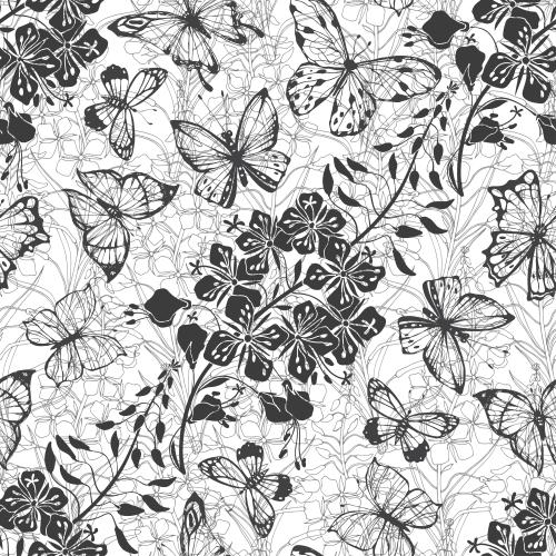 Vector image bugleweed ivan's tea and butterflies black silhouettes and outlines on white