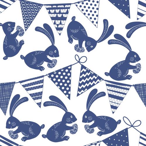 Rabbit. Vector cute rabbits with easter eggs and garlands with flags, blue silhouettes on white