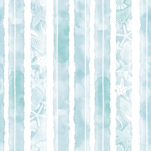 Vector image sea stars, shells, fish, sea ropes, vertical blue watercolor stripes on white