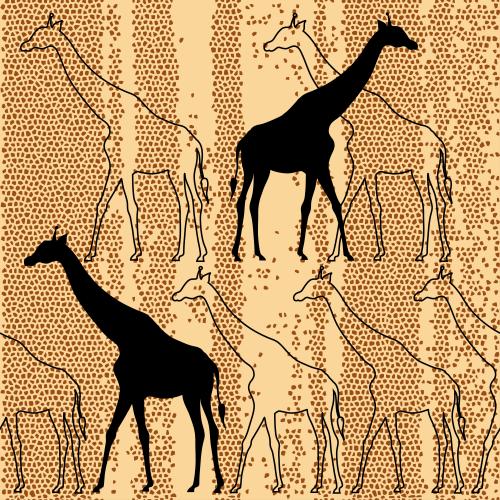 Mosaic. Vector giraffes black silhouettes and contours on mosaic texture