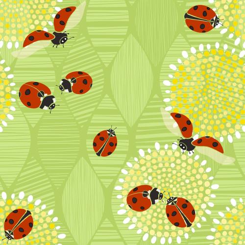 Pea. Vector ladybugs on a green field of abstract decorative flowers and leaves