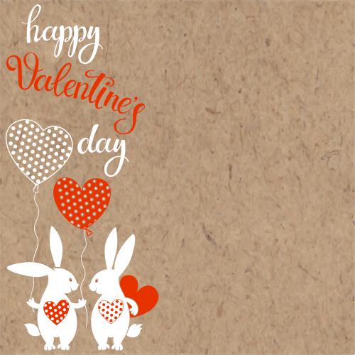 Vector image two cute rabbits with balloons, heart and happy valentines day inscription, red and white silhouettes on craft
