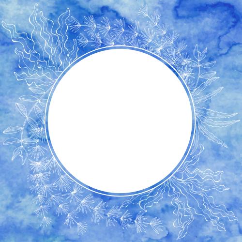 Illustration round frame with marine algae white space for text on a blue watercolor