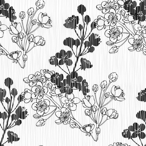 Apricot. Vector flowering apricot branches, contours and silhouettes on white striped