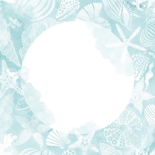 Vector image sea stars shells nautilus sea urchin corals algae on a blue watercolor white circular text area
