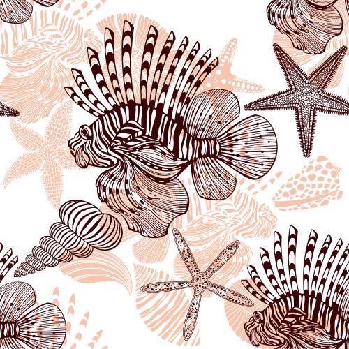 Vector image winged fish sea stars shells on white