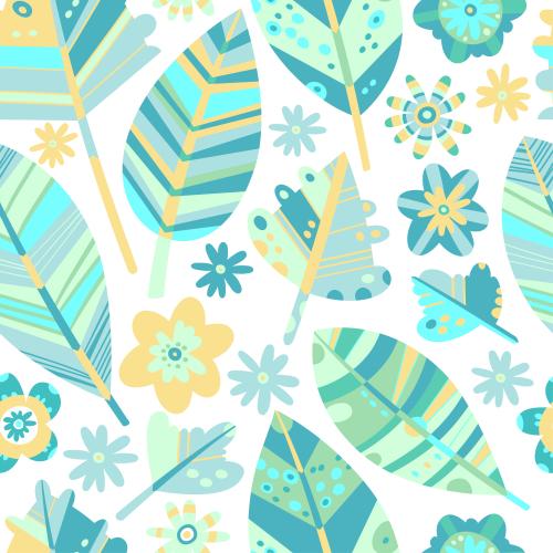 Vector image bright cartoonish leaves and flowers on white