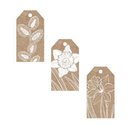 Spring. Vector three craft tags with daffodils and a willow branch