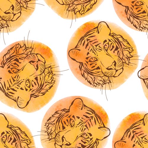 Tiger. Vector tiger heads on orange watercolor fragments on white