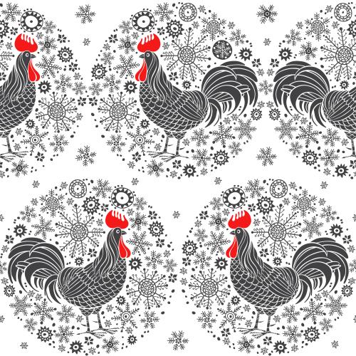 Rooster. Vector roosters, snowflakes in a circle on white