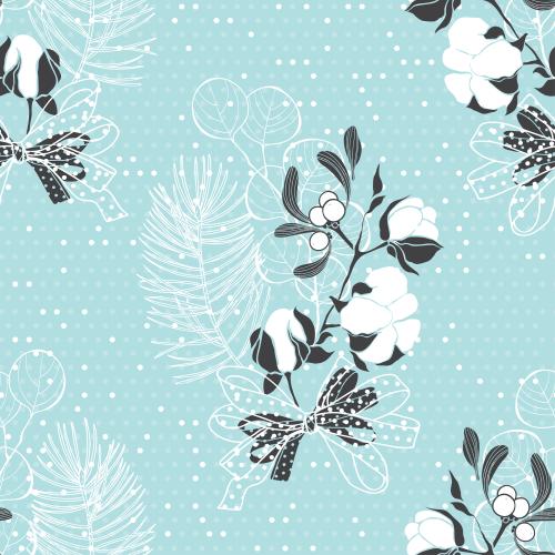 Eucalyptus. Vector bouquets of coniferous branch, cotton, eucalyptus, mistletoe with a bow on blue checkered